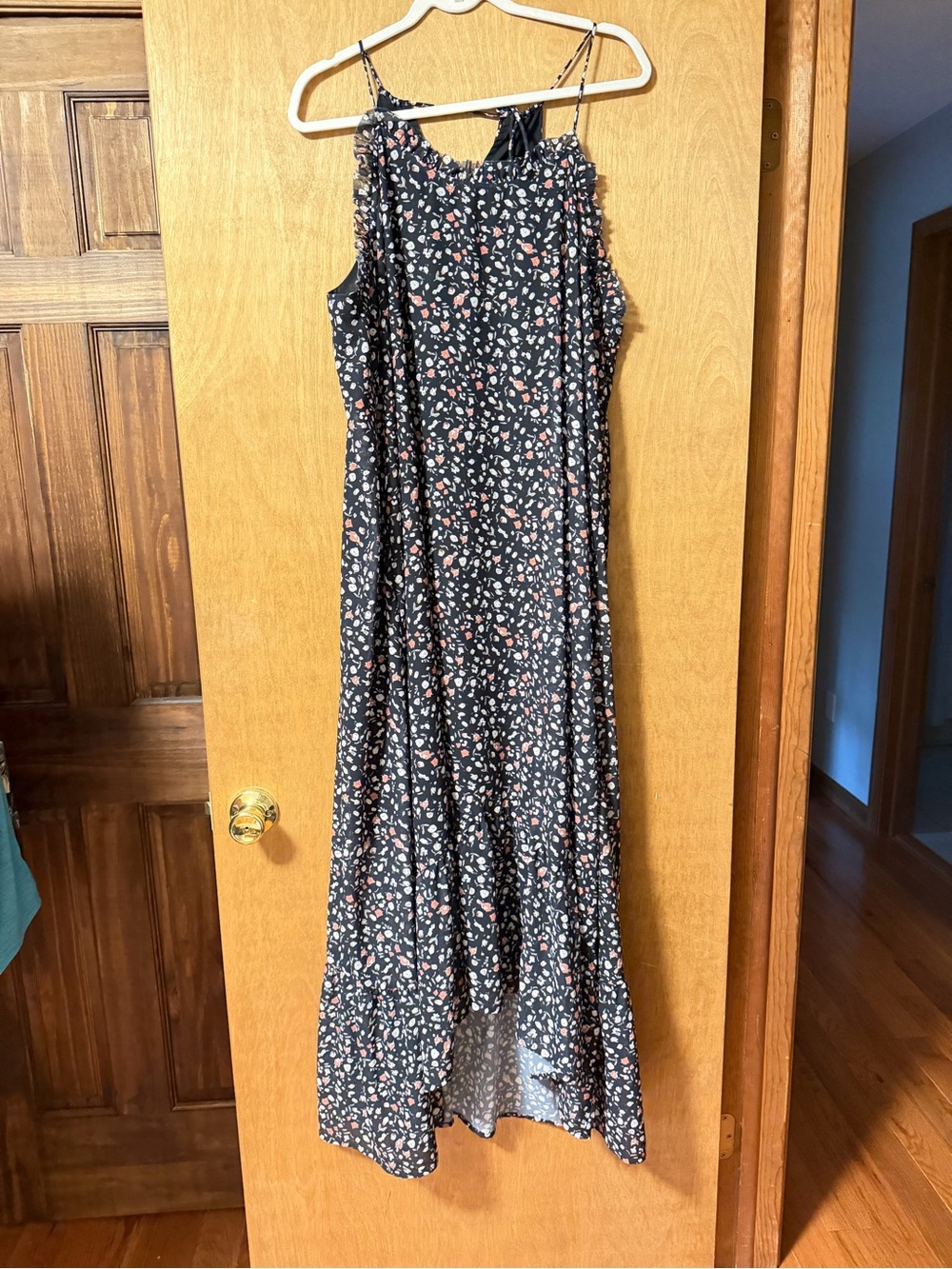 Black Floral Spaghetti-Strap Maxi Dress with Pink Accent